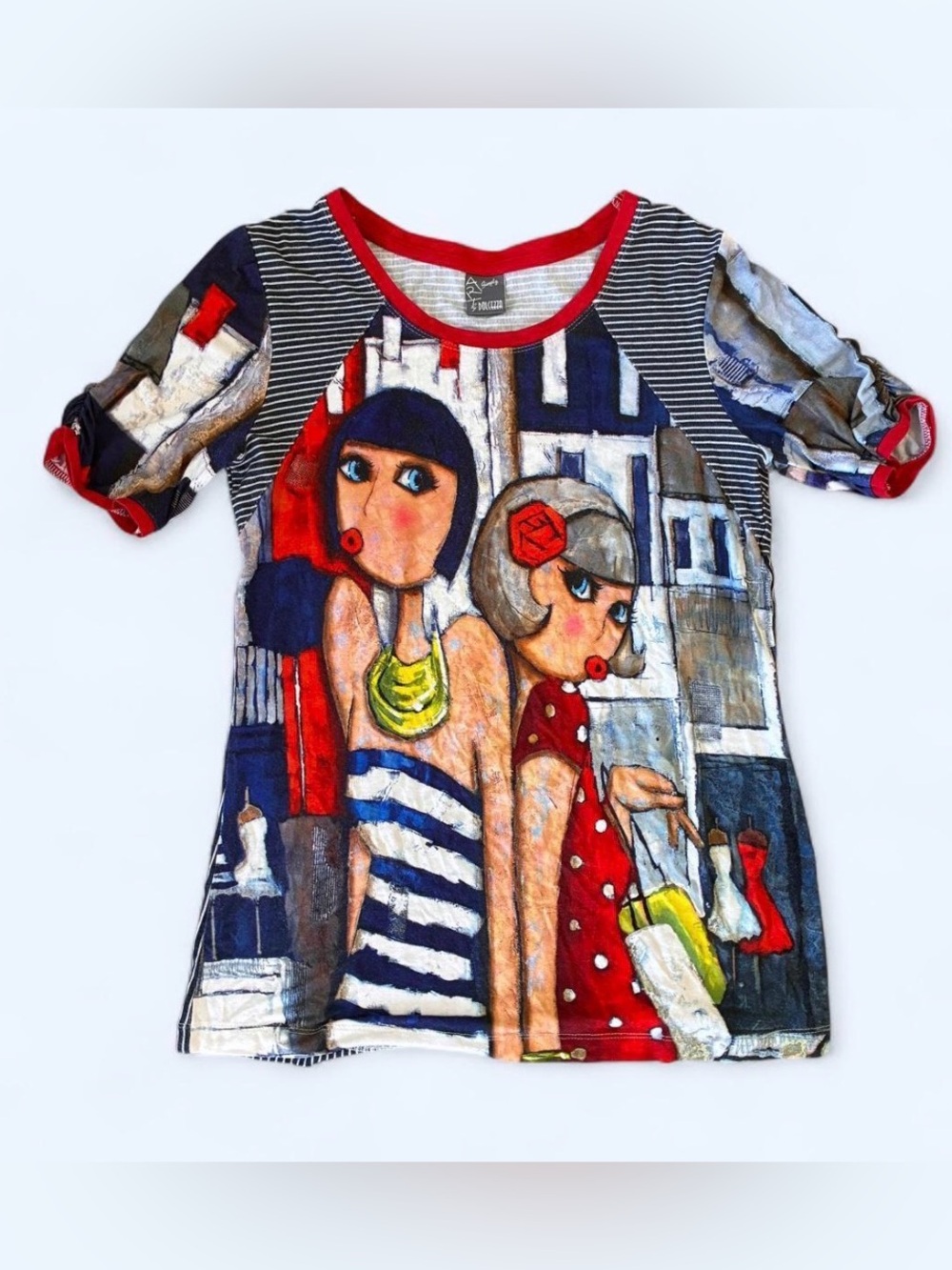 Art by Dolcezza RARE fashion girls graphic print Parisian faces ruched sleeves